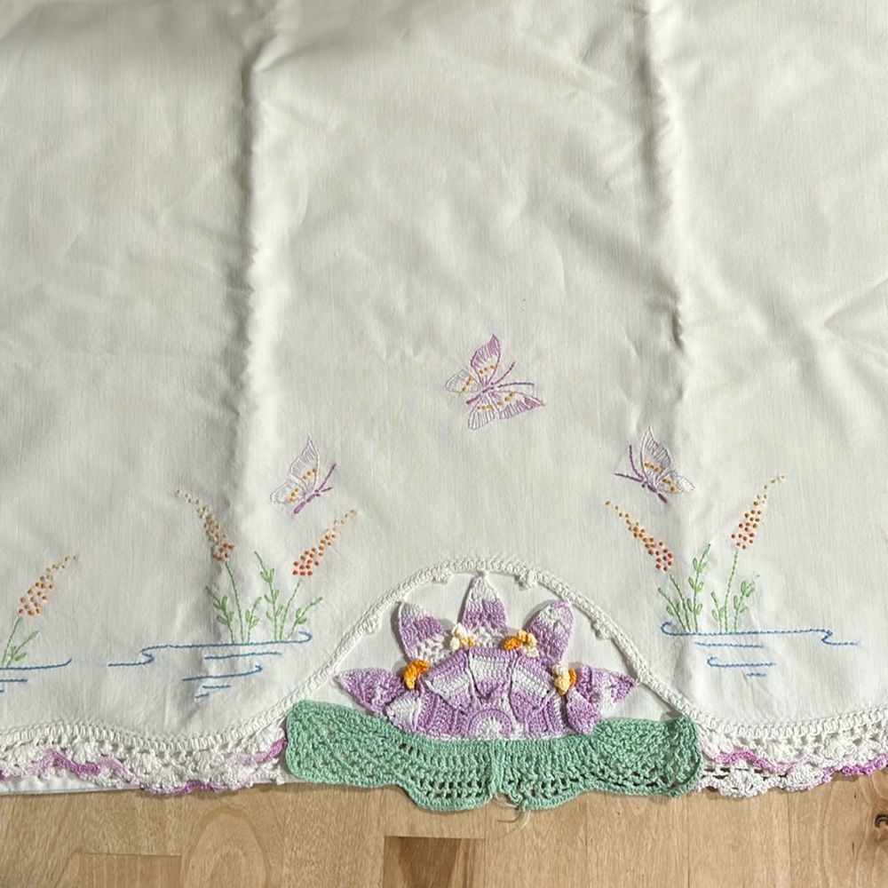 Vintage embroidered pillowcase, Ivory Cotton, Butterflies, Cattails, Water Lily